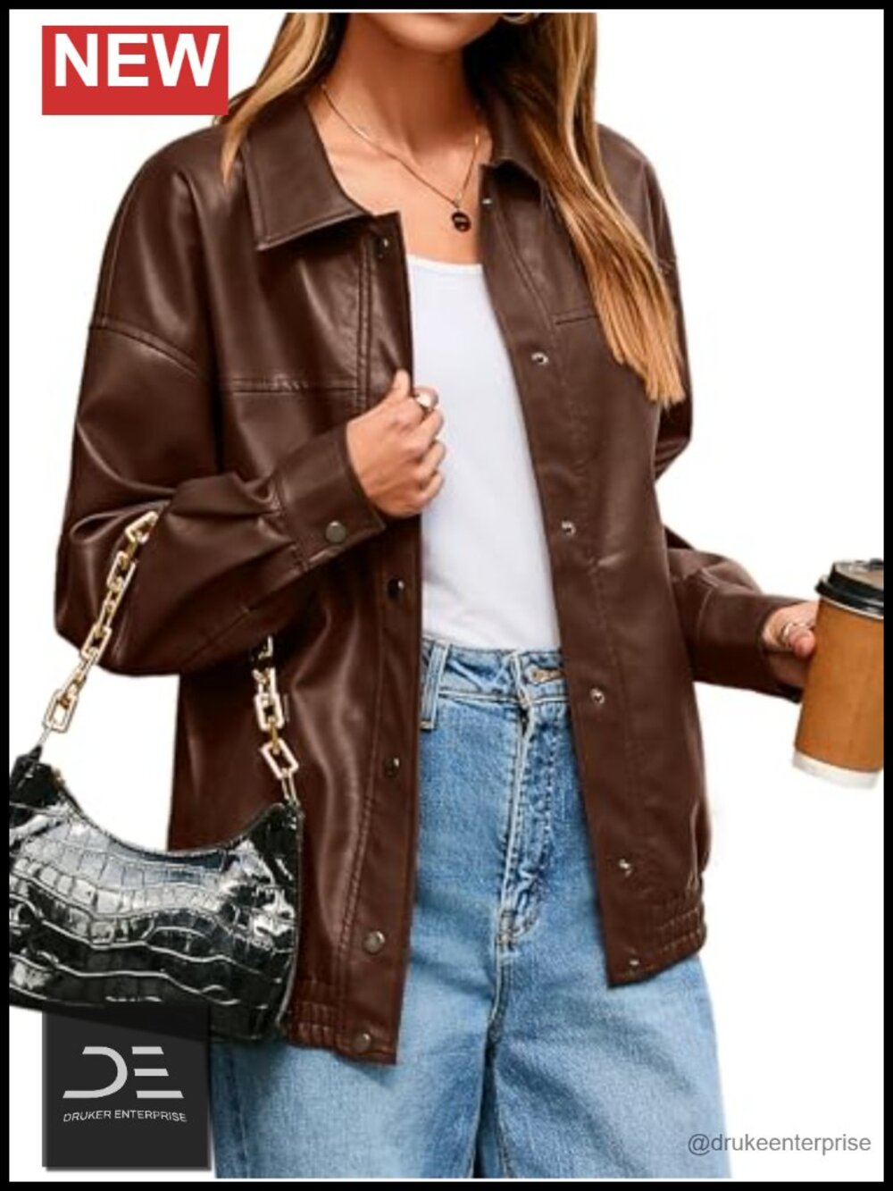 Faux Leather Button Down Motorcycle Bomber Jacket Loose Fit Fall Winter